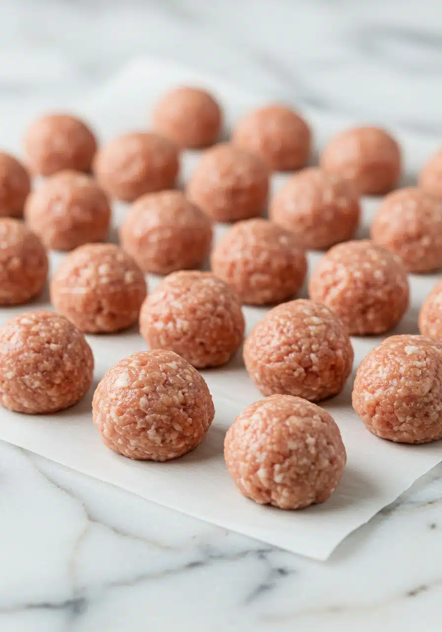 Process shot of evenly rolled raw turkey meatballs