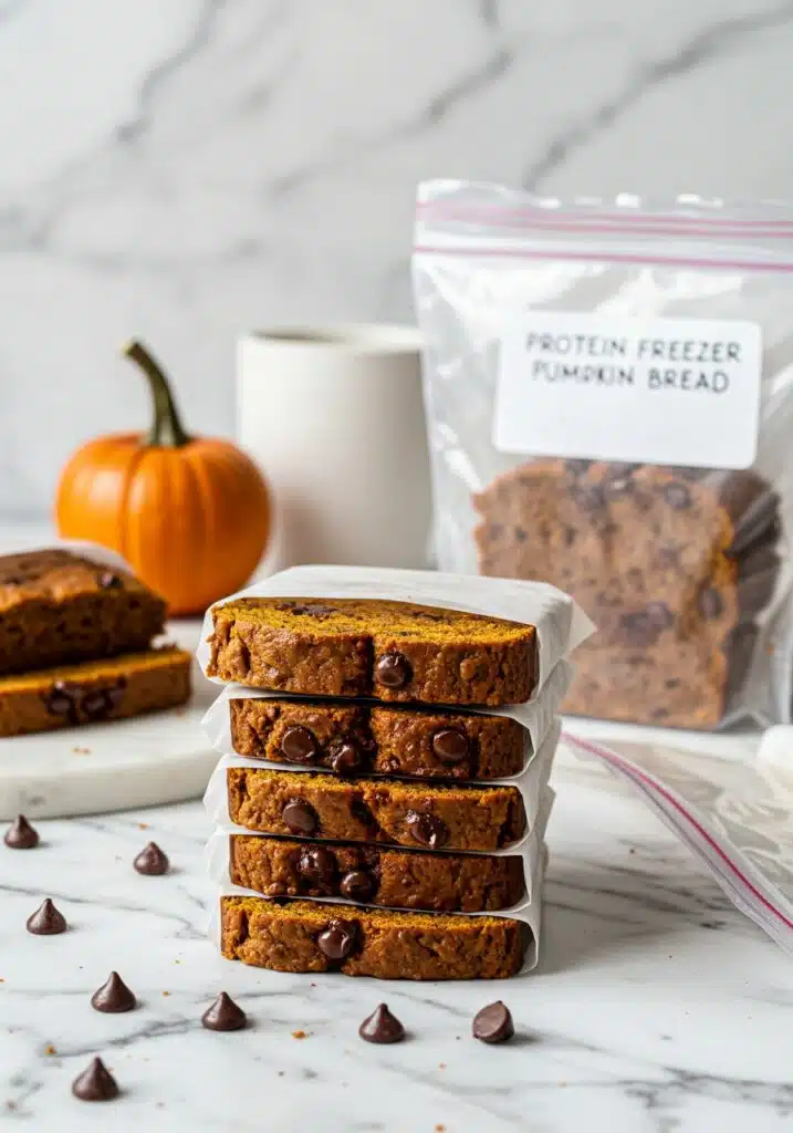 Protein pumpkin bread slices individually wrapped in parchment and stored