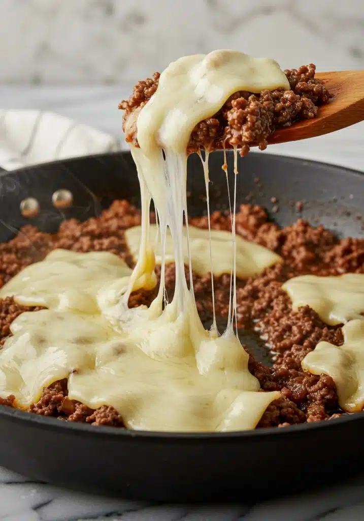 Provolone slices melting over cooked ground beef in a skillet