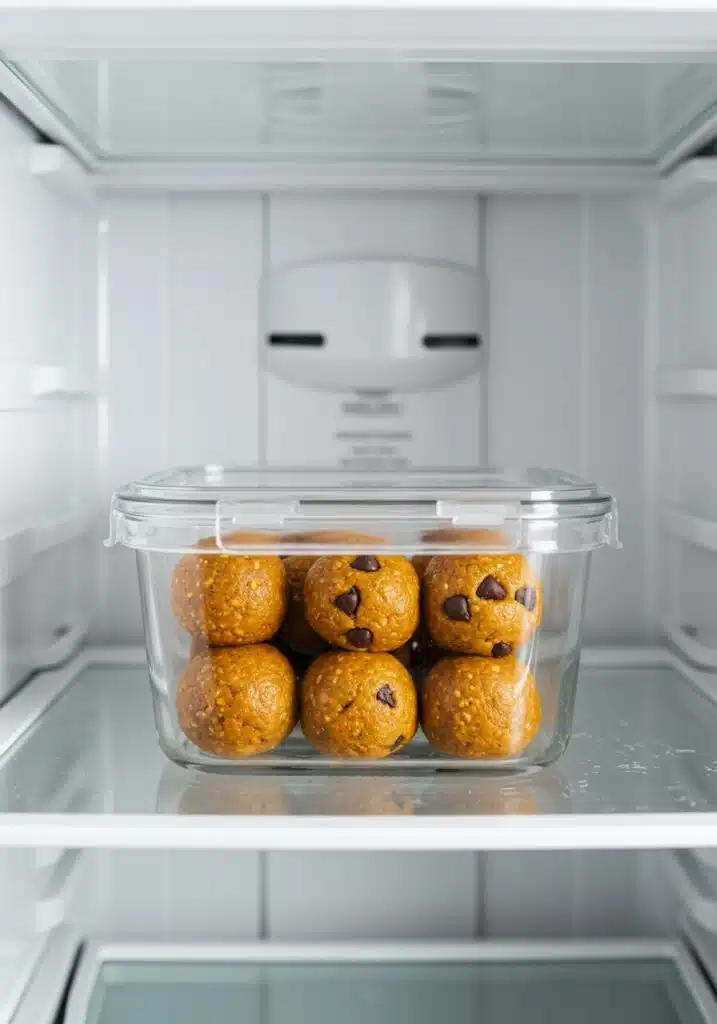 Pumpkin protein balls stored in a glass container inside a refrigerator