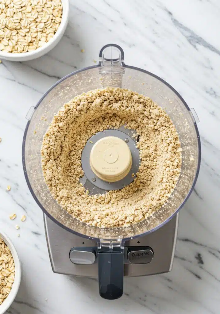 Quick oats blended in a food processor into oat flour for pumpkin protein balls