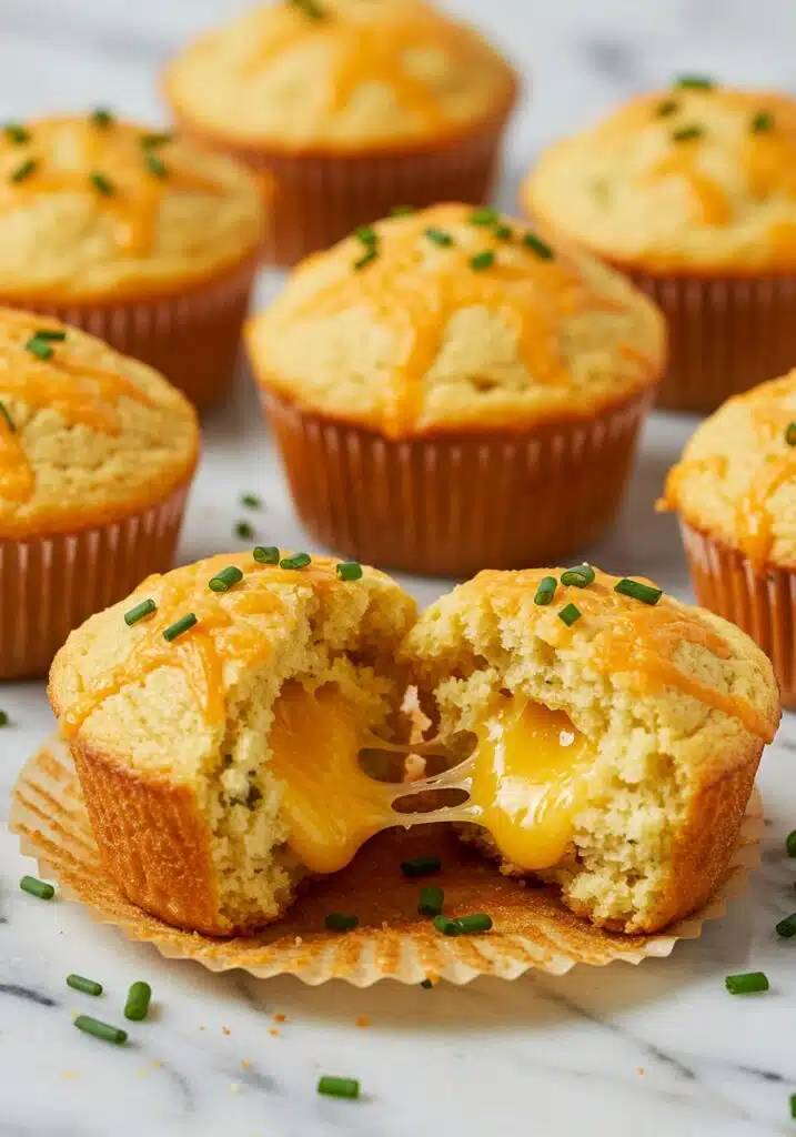 Savory golden muffins with melted cheddar on top, sprinkled fresh chives