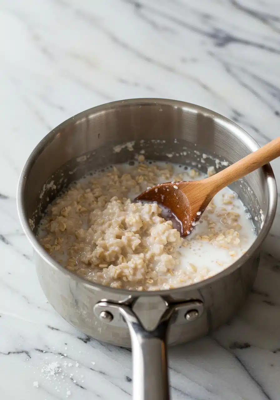 Small saucepan on a marble countertop with rolled oats, water, milk, and a pinch of salt