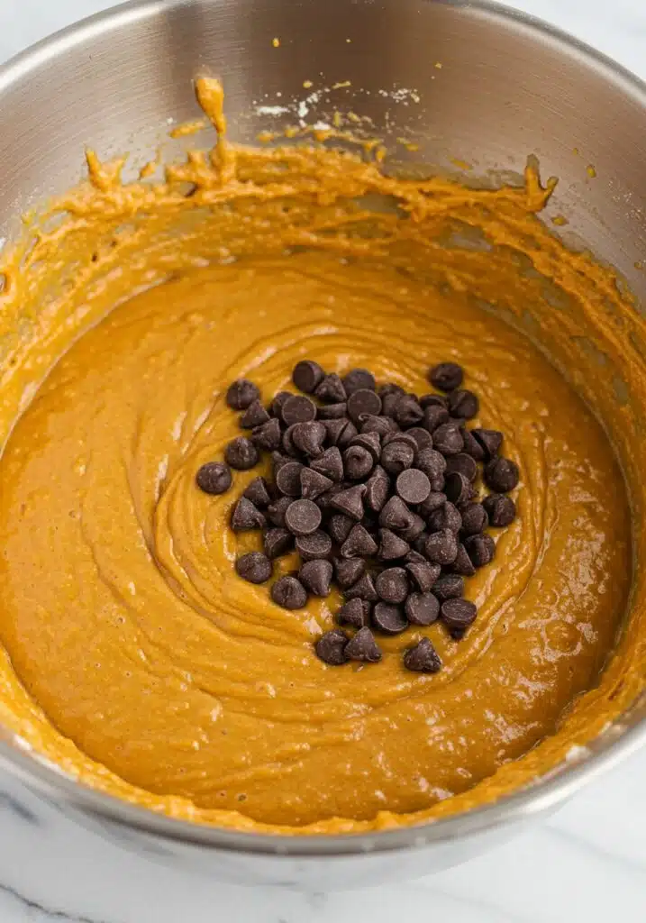 Smooth orange pumpkin muffin batter in a mixing bowl with chocolate chips folded in