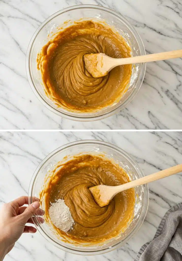 Step-by-step shot of wet and dry ingredients being combined in a large mixing bowl