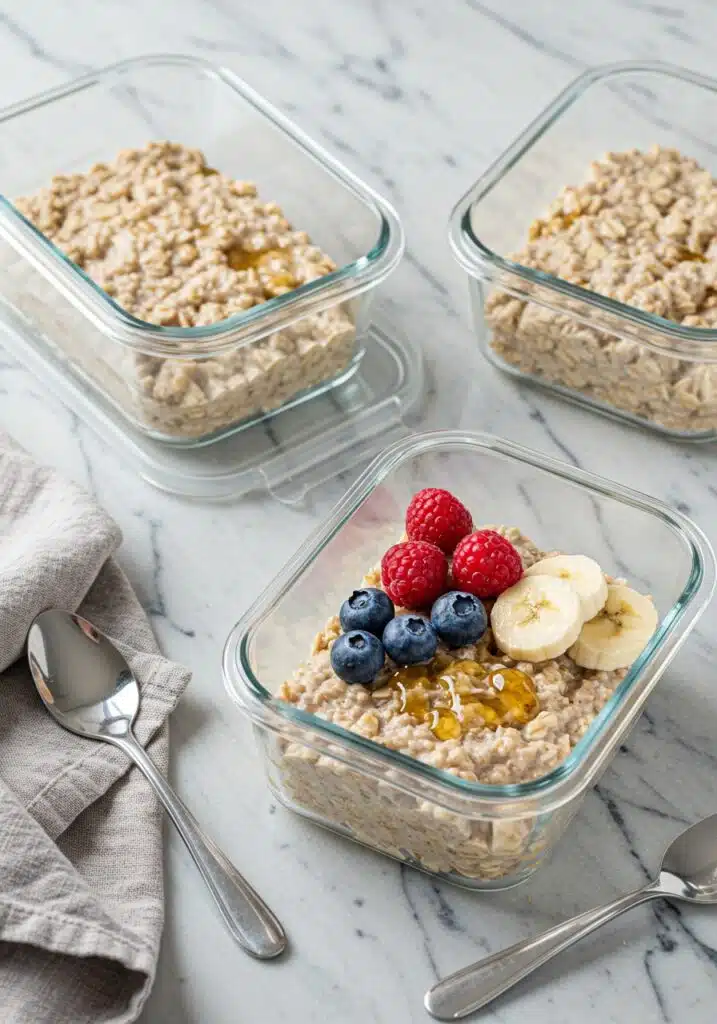Three glass containers with high-protein oatmeal portions, marble countertop