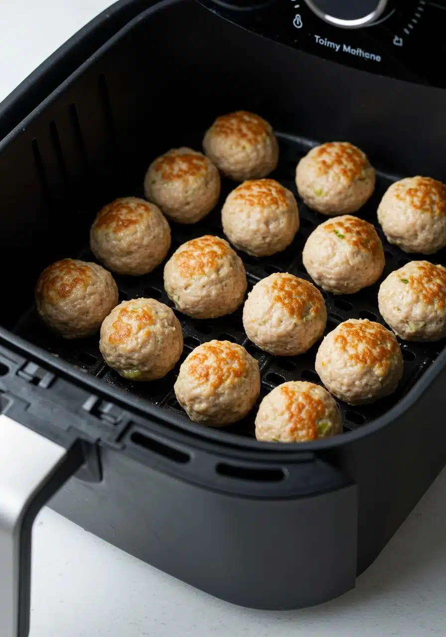 Turkey meatballs arranged in a single layer inside an air fryer basket
