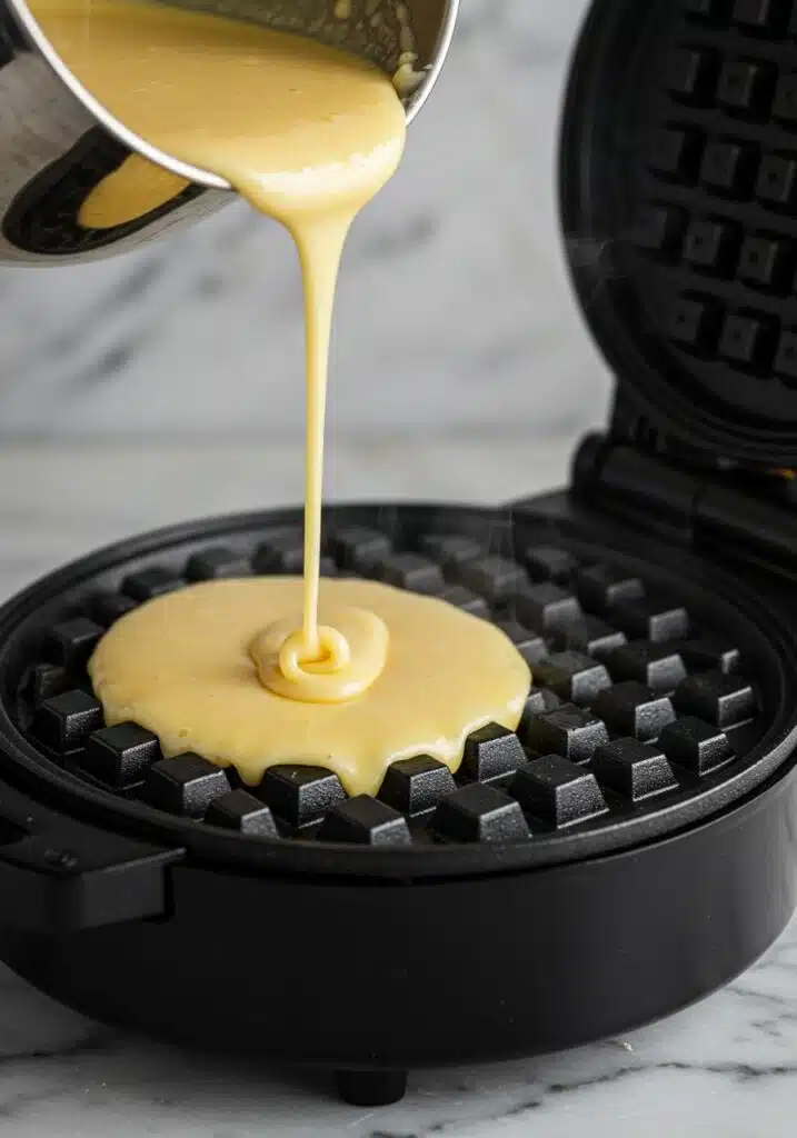 Waffle iron being preheated and batter being poured