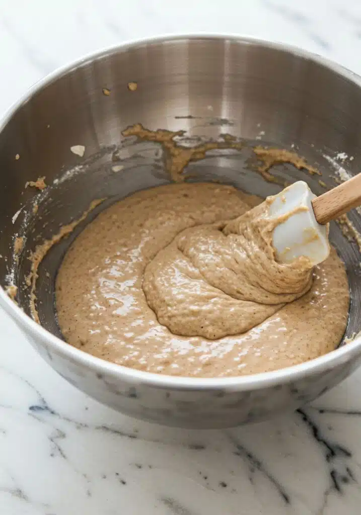 Wet and dry ingredients just mixed with a spatula in a large bowl