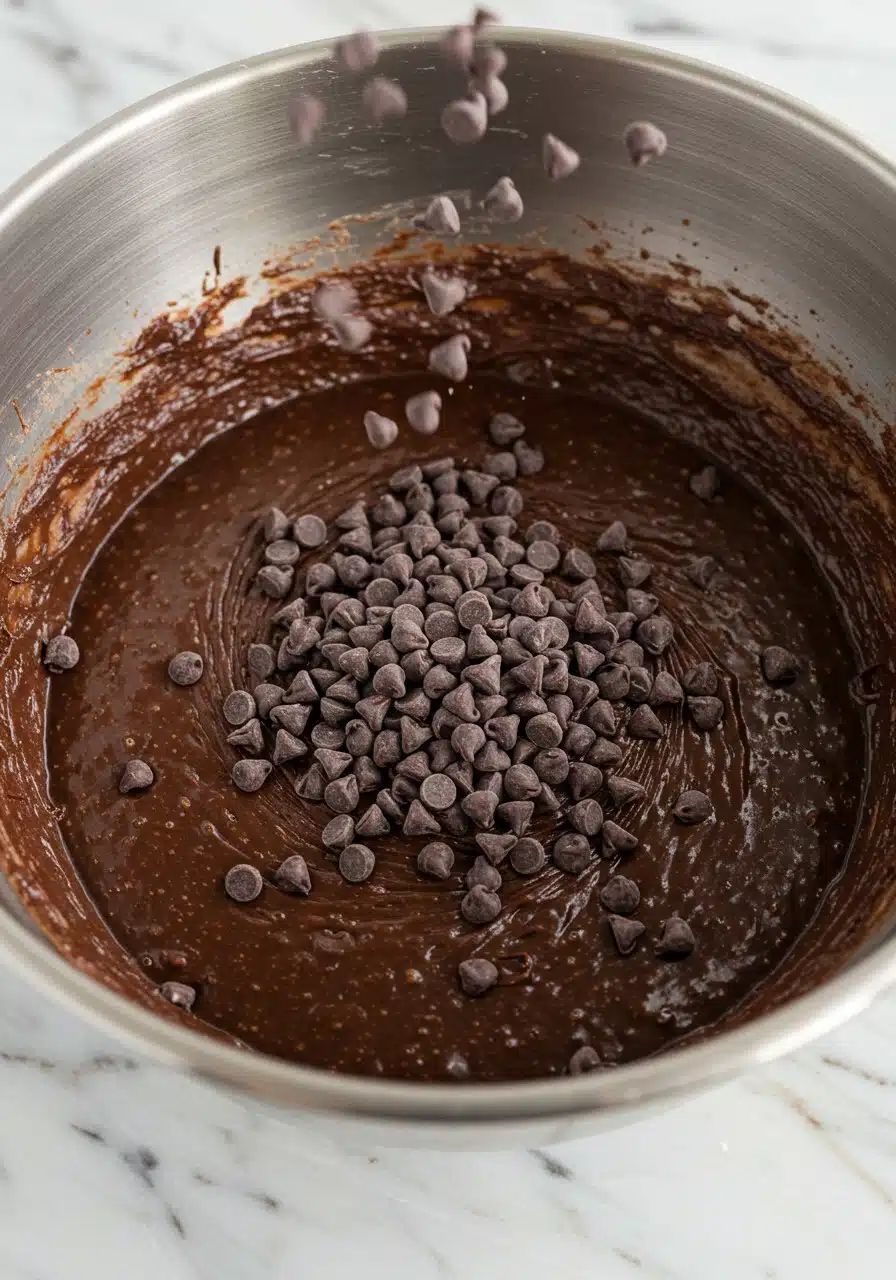 chocolate chips being sprinkled over rich, thick brownie batter in a mixing bowl