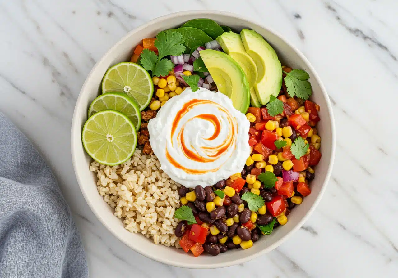 cottage cheese burrito bowl served in a white ceramic bowl on a marble countertop