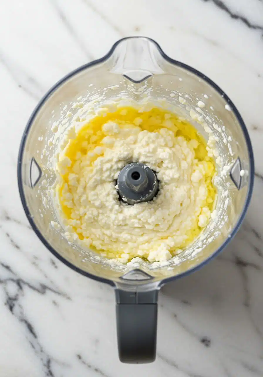 creamy cottage cheese and egg mixture in a blender