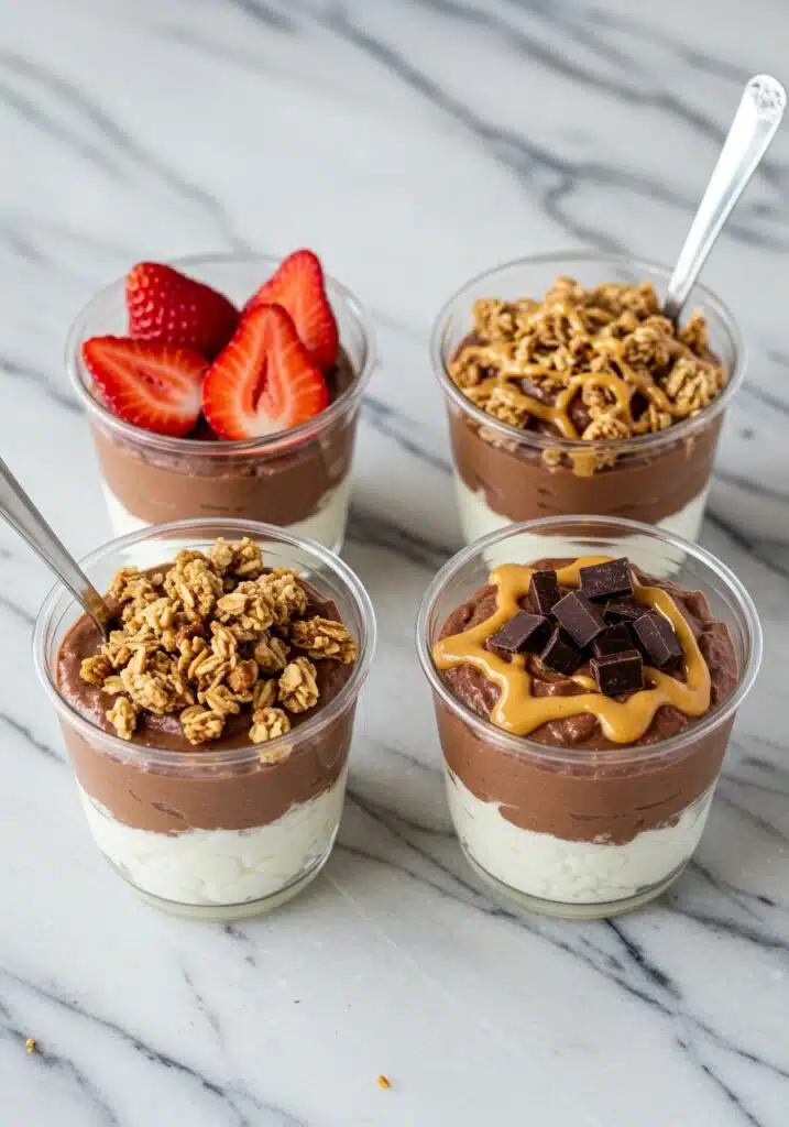 dessert cups of cottage cheese chocolate mousse, each topped differently