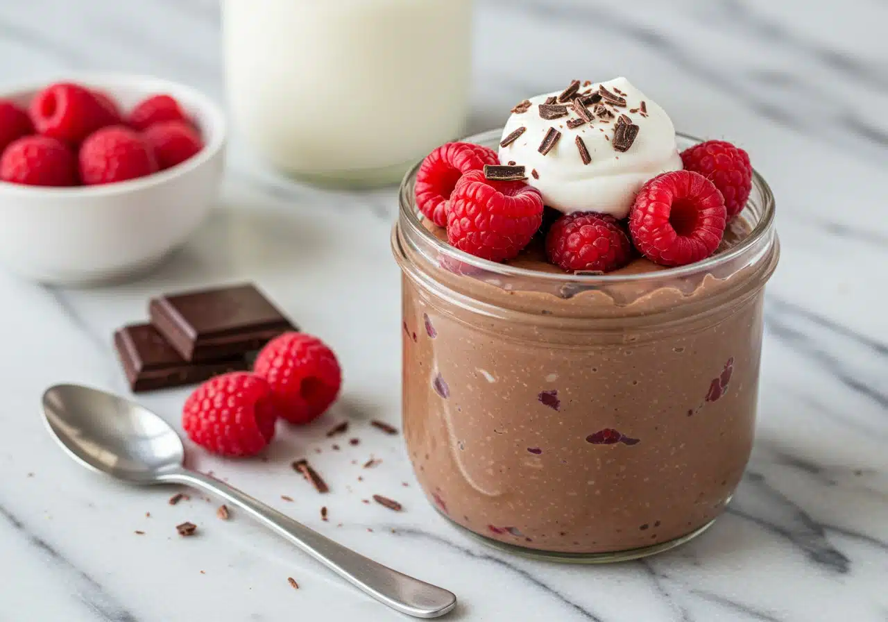 dessert jar filled with creamy chocolate protein pudding, topped with fresh raspberries, shaved dark chocolate