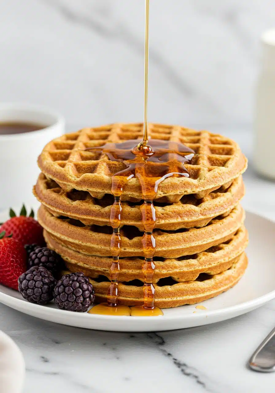 fluffy protein waffles on a white plate