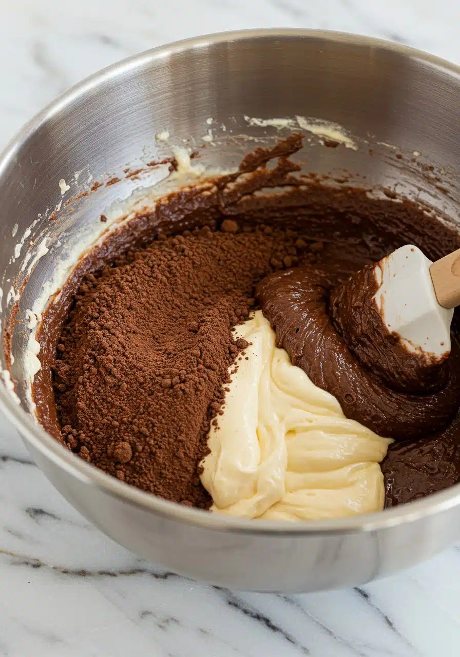 folding chocolate dry mixture into a creamy wet base in a mixing bowl