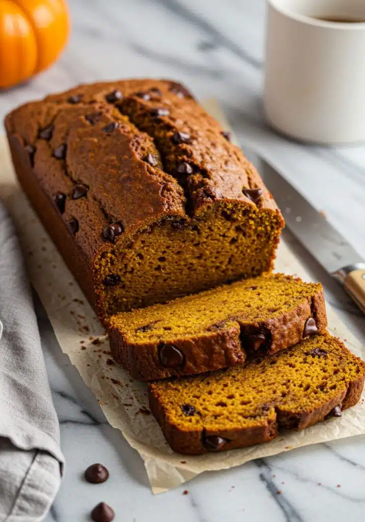 freshly baked protein pumpkin bread loaf, golden brown with dark chocolate chips melted on top