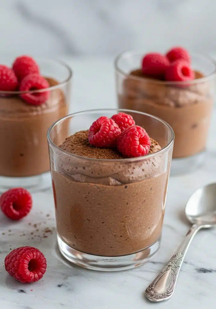 glass dessert cup filled with creamy cottage cheese chocolate mousse, topped with fresh raspberries and a sprinkle of cocoa powder