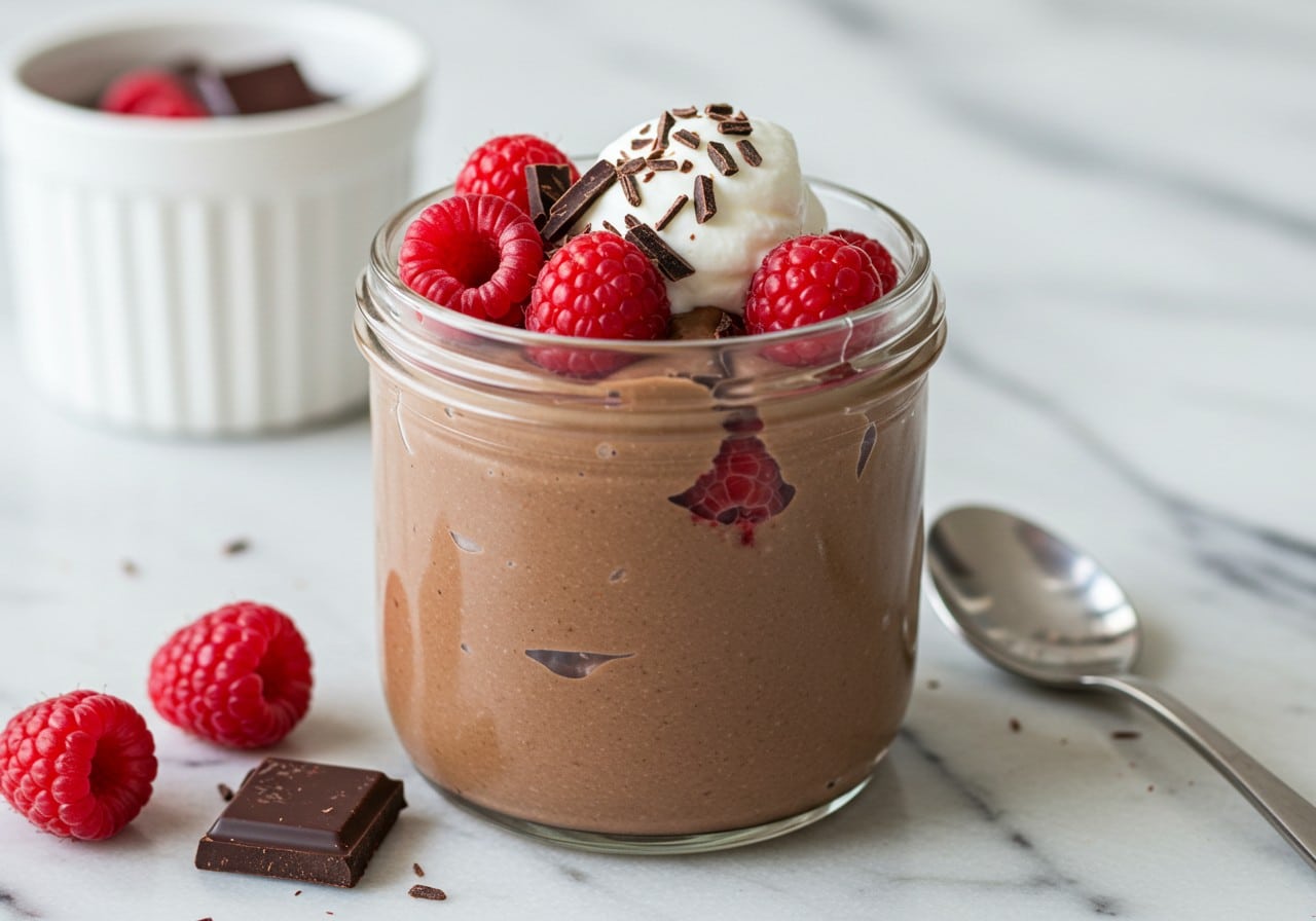 glass dessert jar filled with creamy chocolate protein pudding, topped with fresh raspberries, shaved dark chocolate
