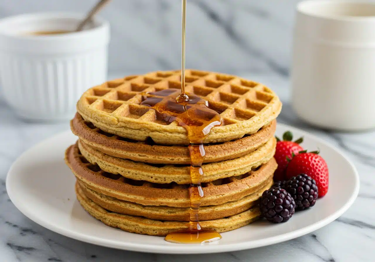 golden-brown, fluffy protein waffles on a white plate