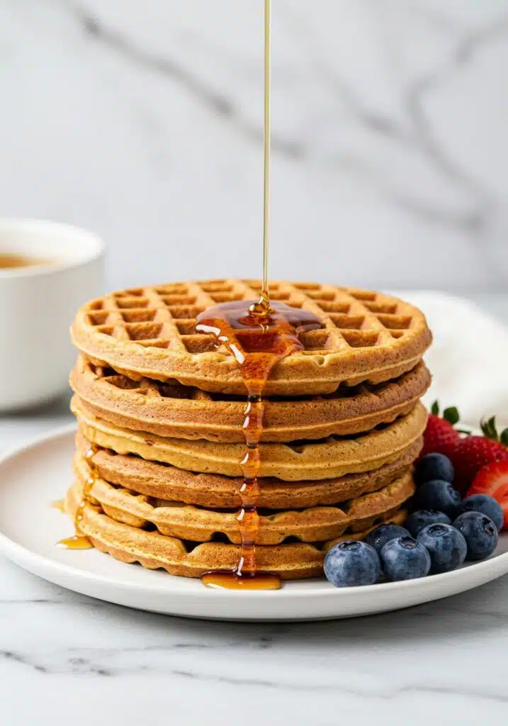 golden-brown, fluffy protein waffles on a white plate