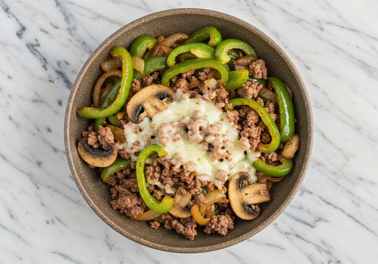 high-protein Philly cheesesteak bowl on a marble countertop