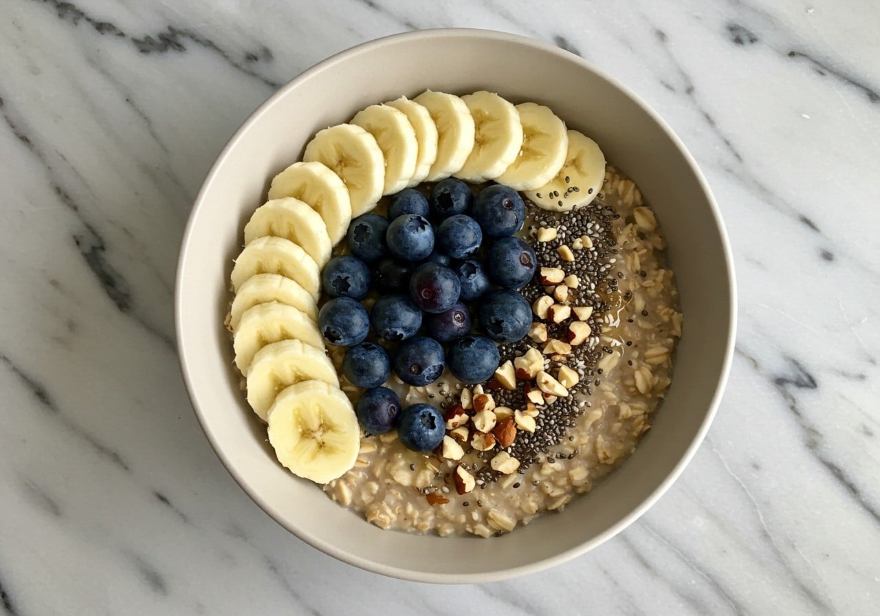 high-protein oatmeal on a marble countertop, topped with sliced banana