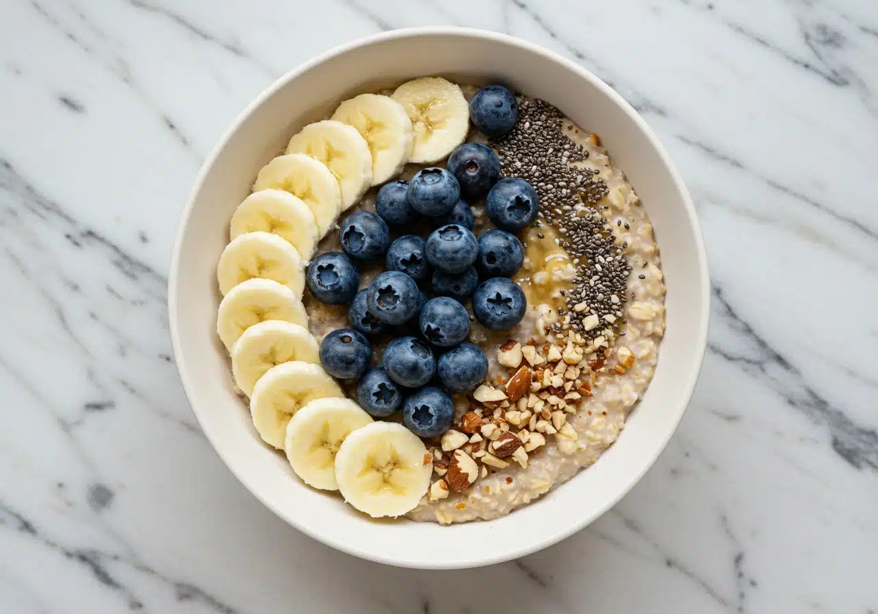 high-protein oatmeal on a marble countertop
