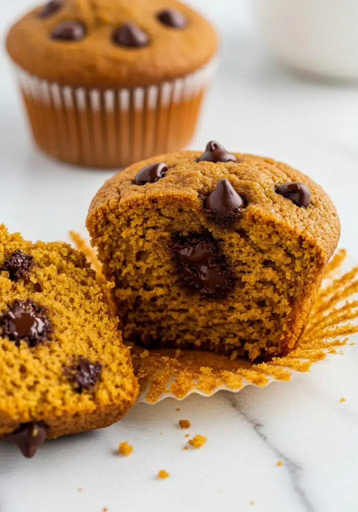 high protein pumpkin muffin sliced in half on a marble surface, showing the moist, fluffy texture inside