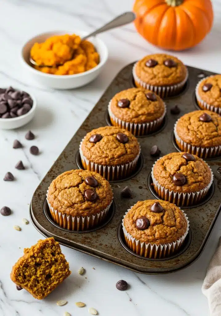high protein pumpkin muffins on a white marble countertop