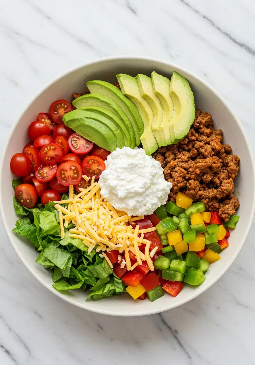 low carb taco bowl on a white marble countertop