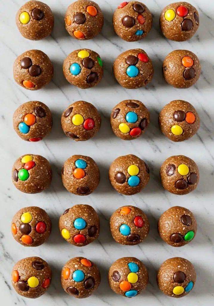 monster cookie protein balls on a marble countertop