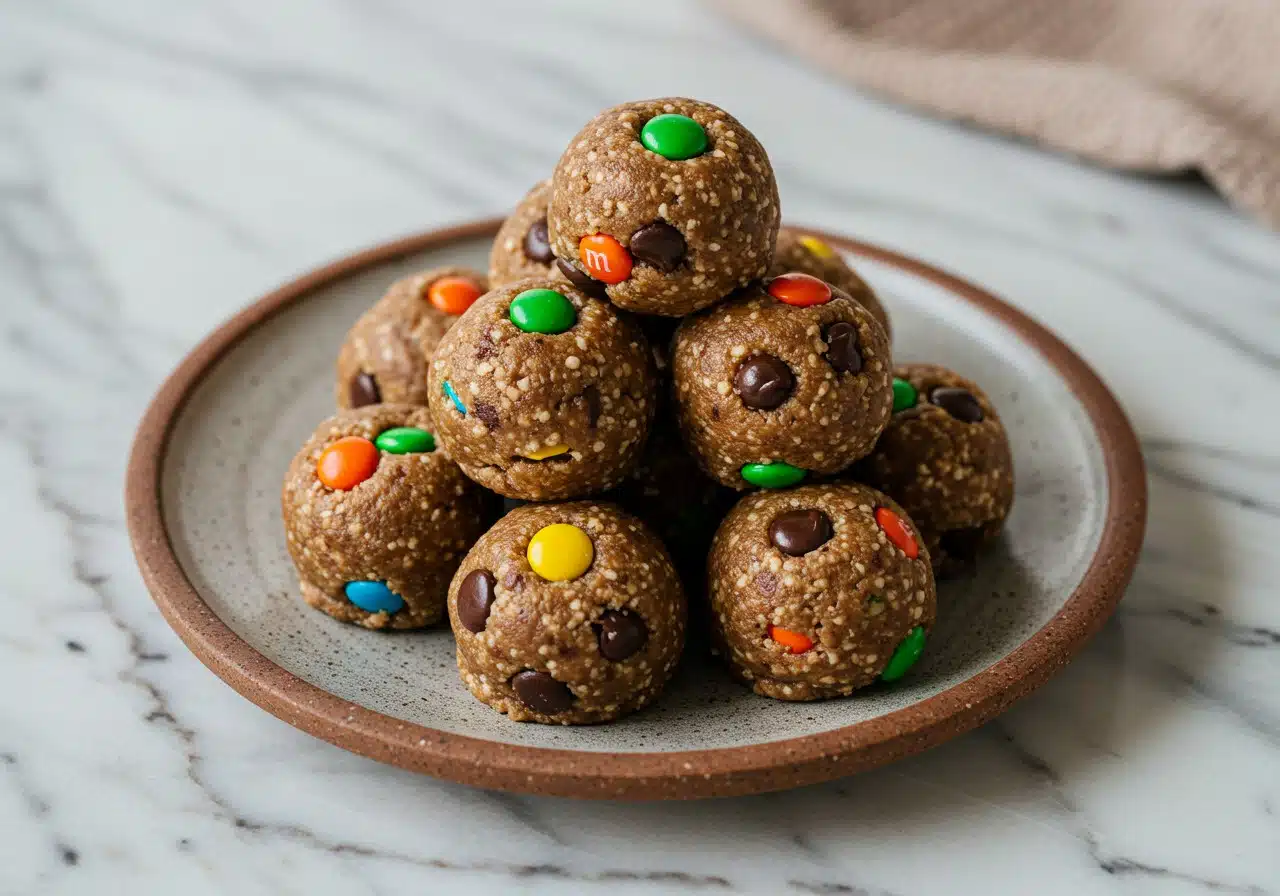 monster cookie protein balls stacked slightly