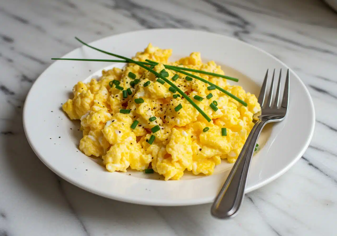 plate of creamy, soft high-protein scrambled eggs with visible fluffy curds, lightly garnished with fresh chives