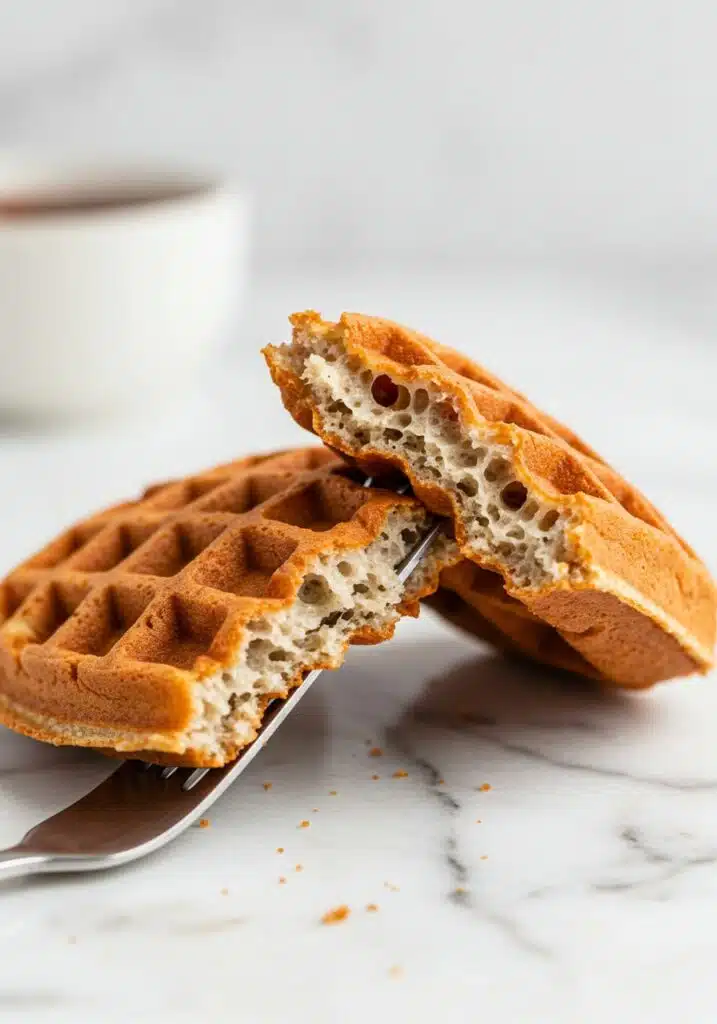 protein waffle torn in half, showing the airy, fluffy inside with crispy golden edges