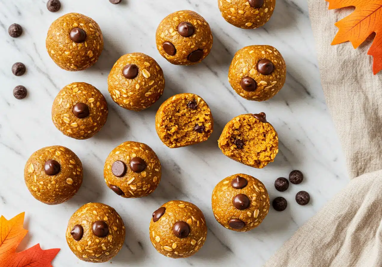 pumpkin protein balls neatly arranged on a white marble countertop