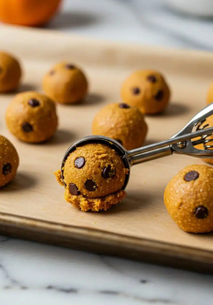 rolling pumpkin protein balls with chocolate chips on a parchment-lined tray
