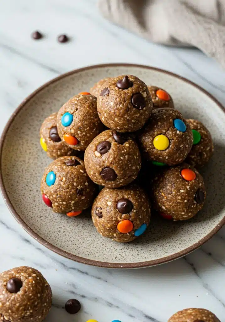 rustic ceramic plate on a marble countertop holding 8–10 monster cookie protein balls stacked slightly