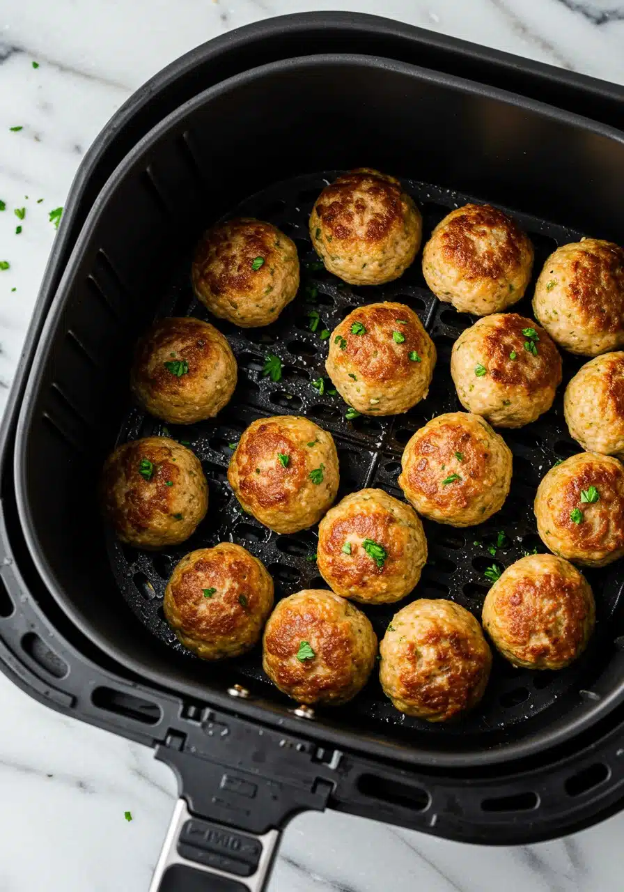 turkey meatballs in an air fryer basket, golden brown and slightly crispy on the outsid