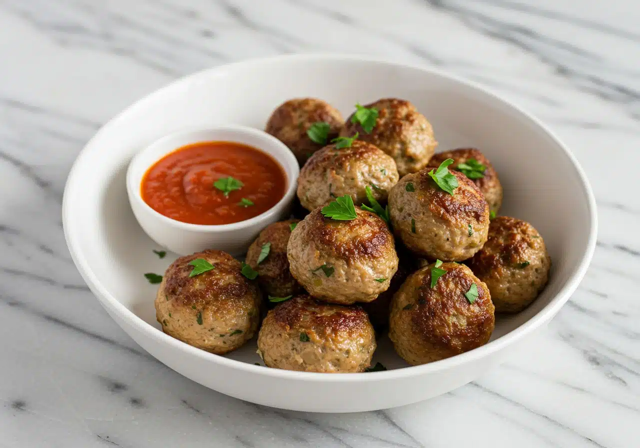 Air Fryer Turkey Meatballs (High-Protein) served in a shallow white bowl, garnished with fresh parsley