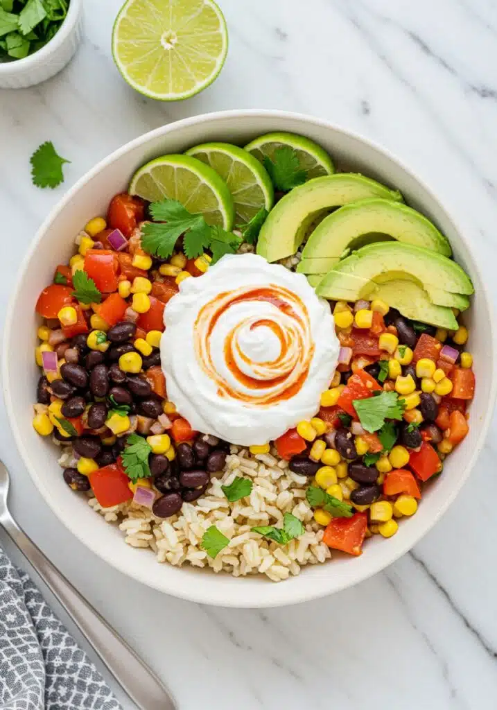 vibrant cottage cheese burrito bowl served in a white ceramic bowl on a marble countertop