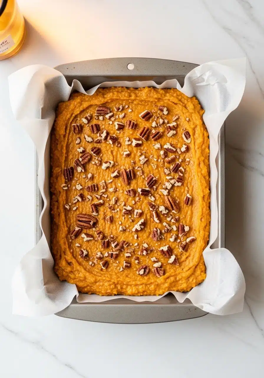 9x9 inch parchment-lined baking dish filled with Protein Pumpkin Baked Oats batter, evenly spread and topped with extra chopped pecans