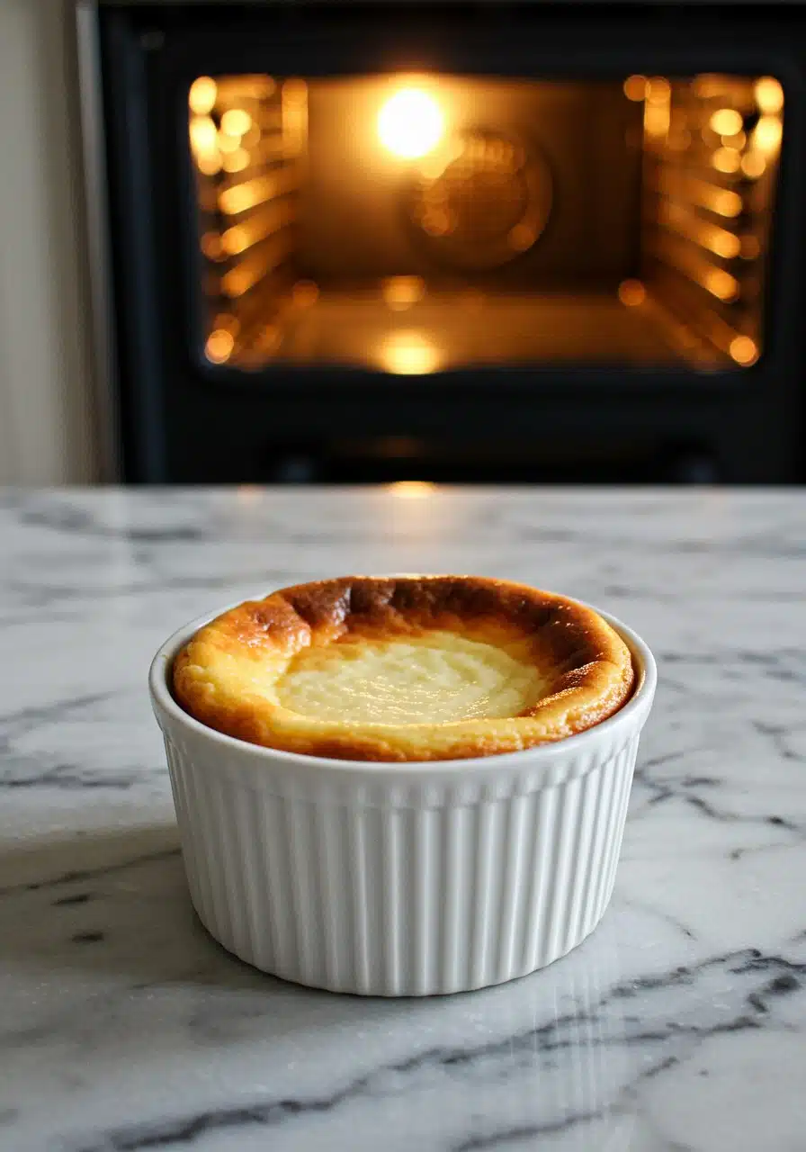 A baked single-serving cheesecake in a ramekin resting on a marble countertop