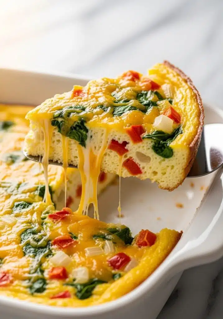 A close-up of a slice of Cottage Cheese Egg Bake lifted from the pan with a spatula.