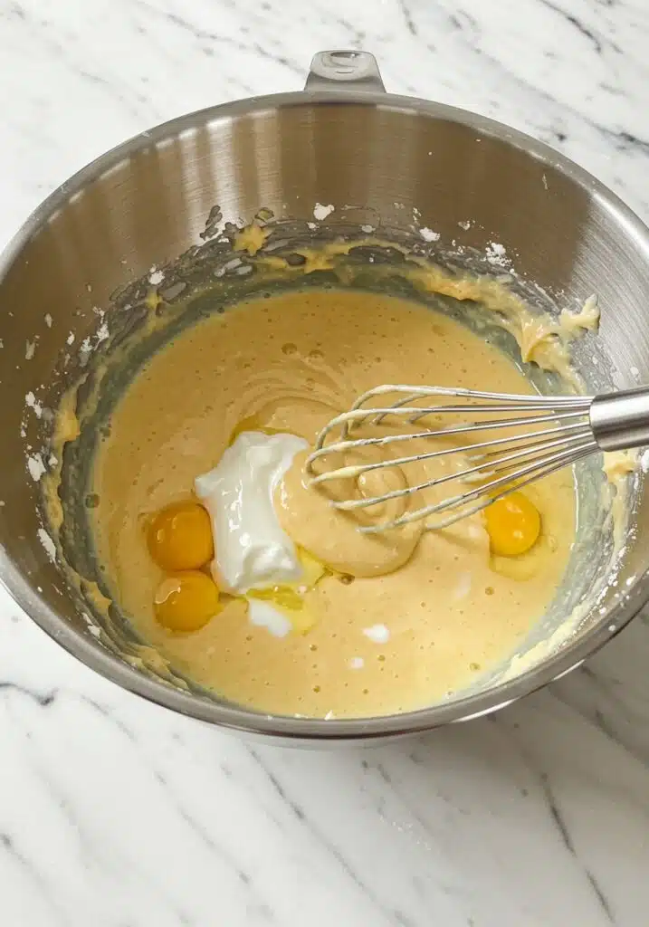 A large mixing bowl filled with smooth muffin batter mixture