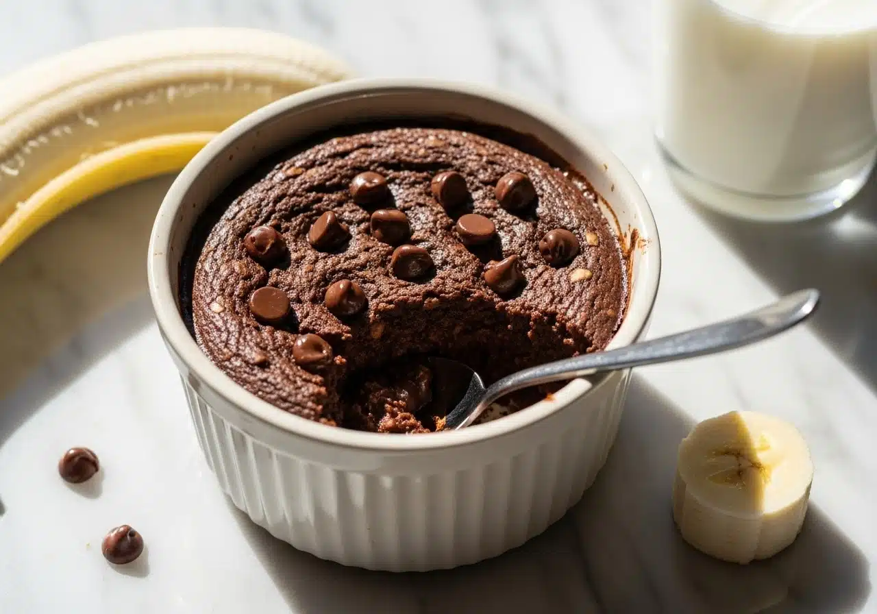A single serving of baked oats in a small ramekin on a marble countertop