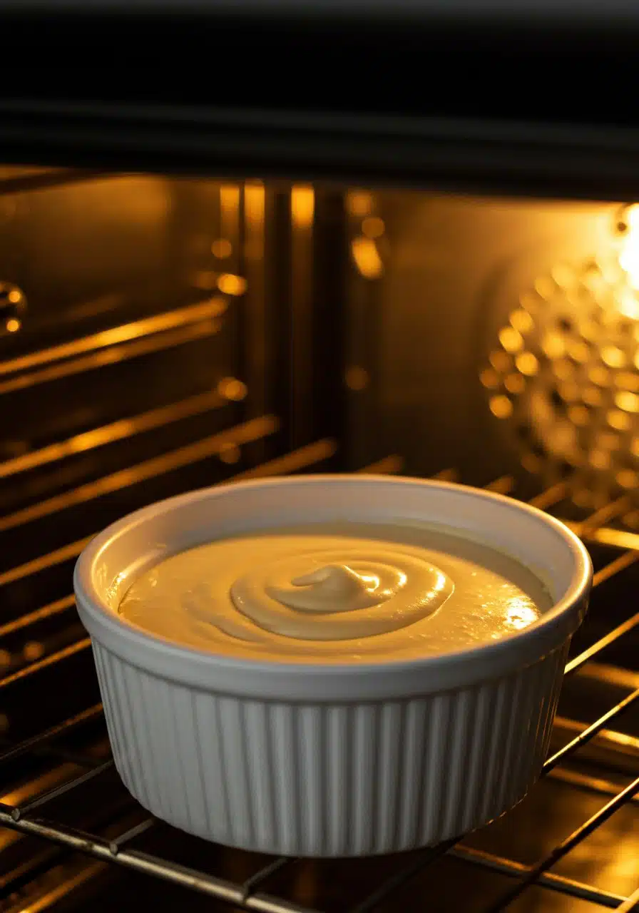 A small ramekin filled with cheesecake batter placed inside an oven