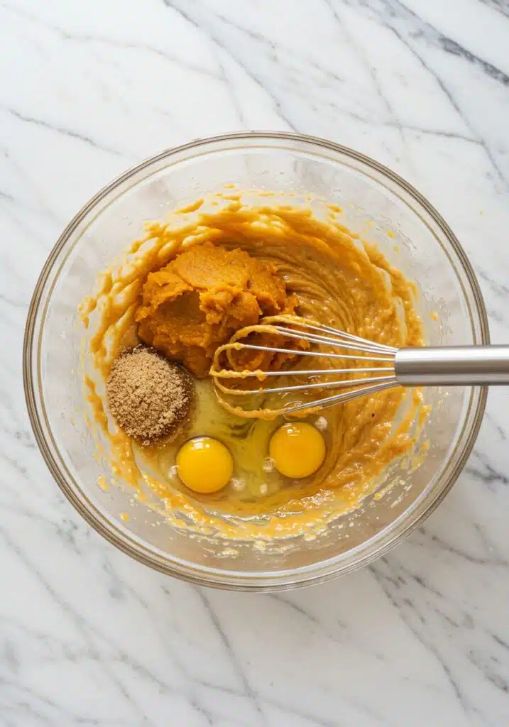 Action shot of whisking pumpkin puree, brown sugar, eggs, and oil in a large glass mixing bowl on a marble counter
