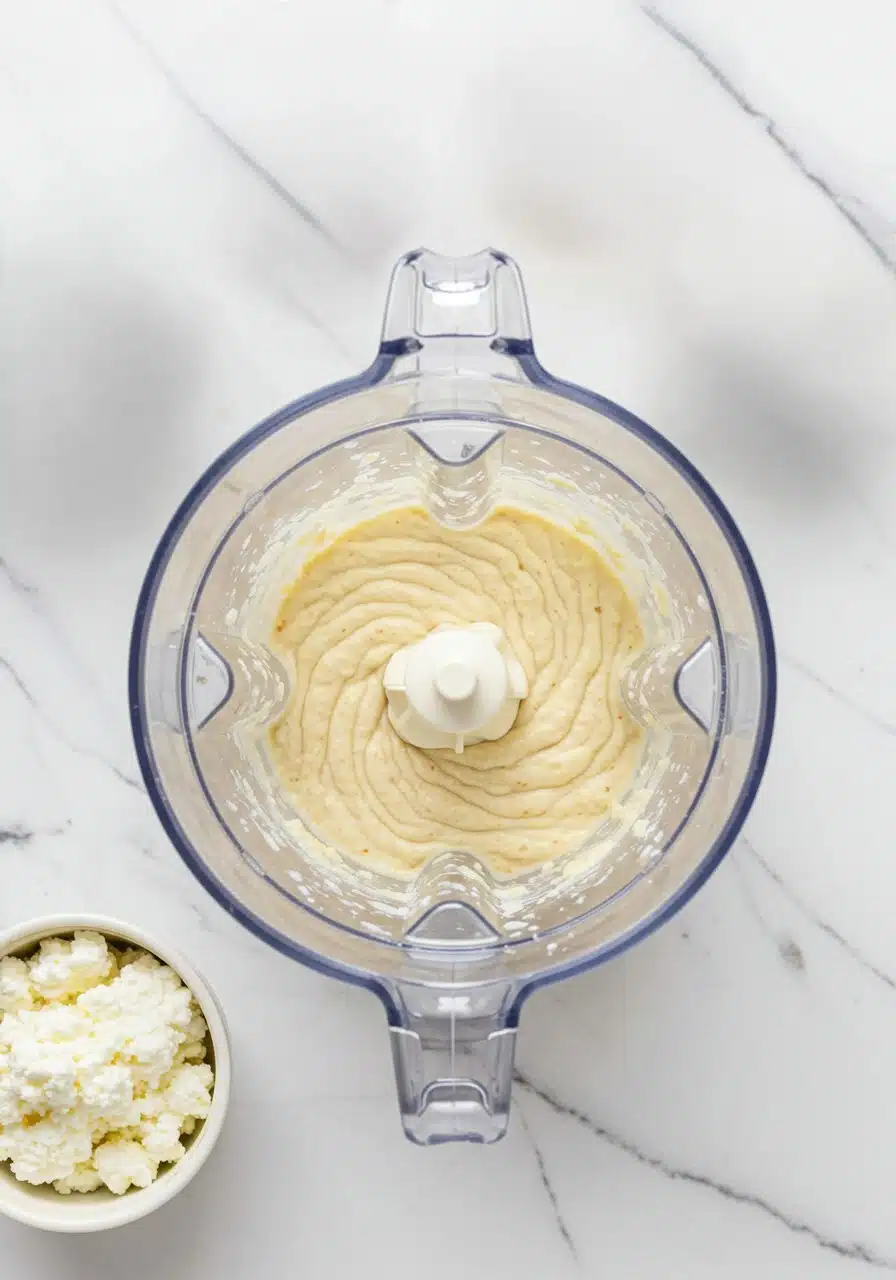 Blender cup filled with creamy cheesecake mixture being blended smooth