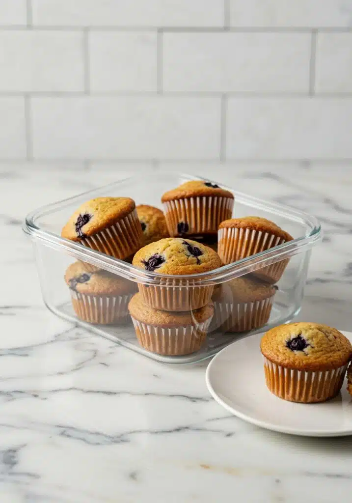 Blueberry protein muffins neatly stored in an airtight glass container
